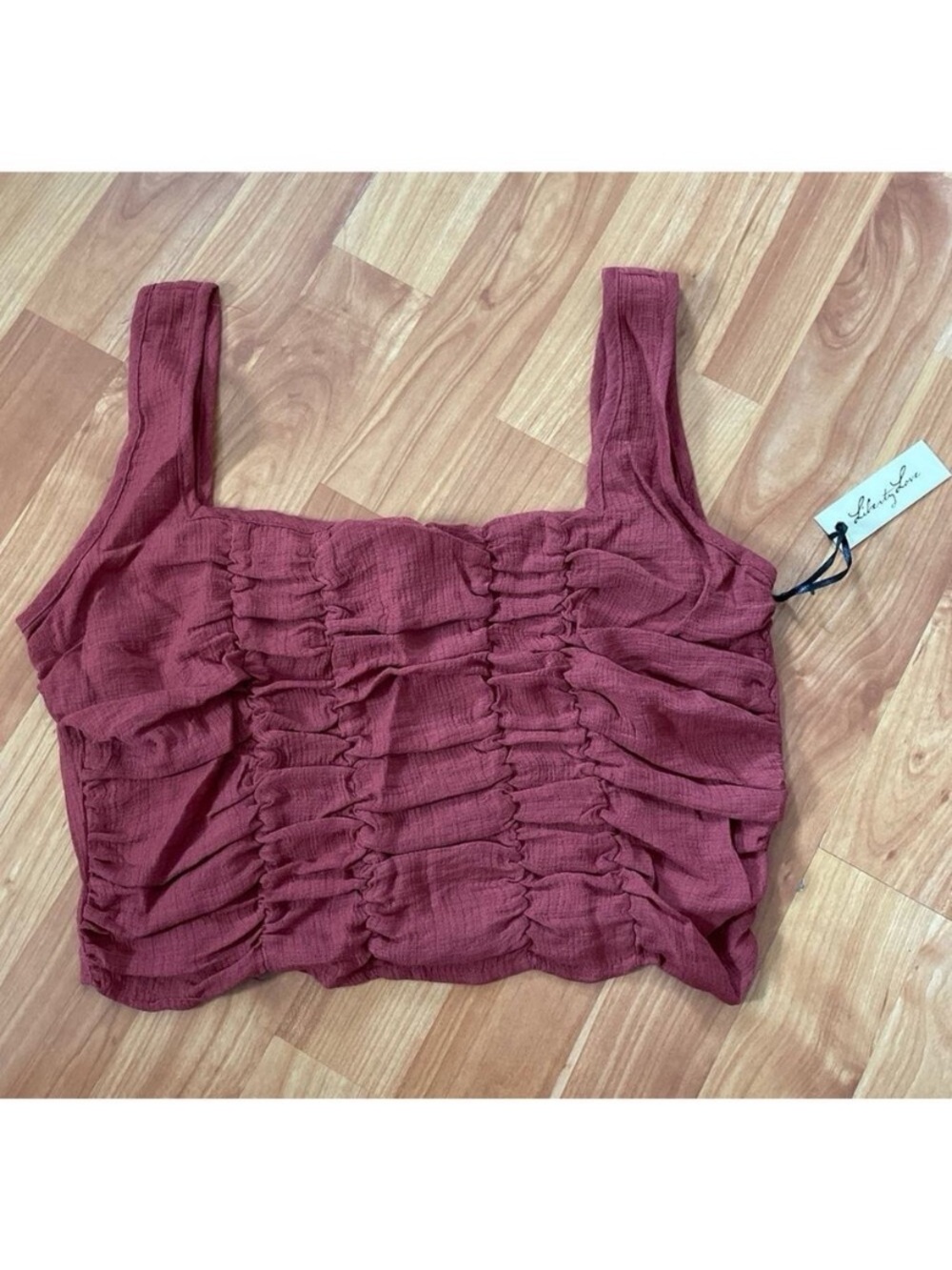 Square Neck Ruched Crop Tank Top - Burgundy